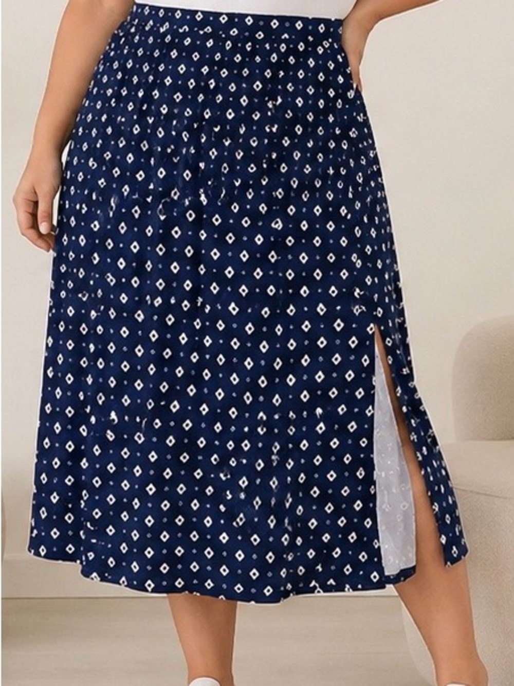 Women's Navy Blue Patterned Midi Skirt with Side Slit and Pockets